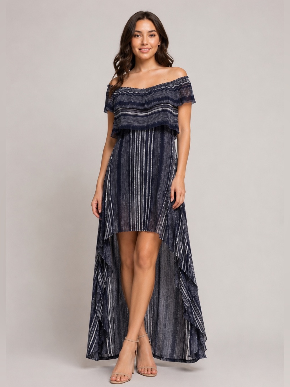 100% Silk Off the Shoulder High Low Maxi Dress in Navy Stripe Pattern Sz L